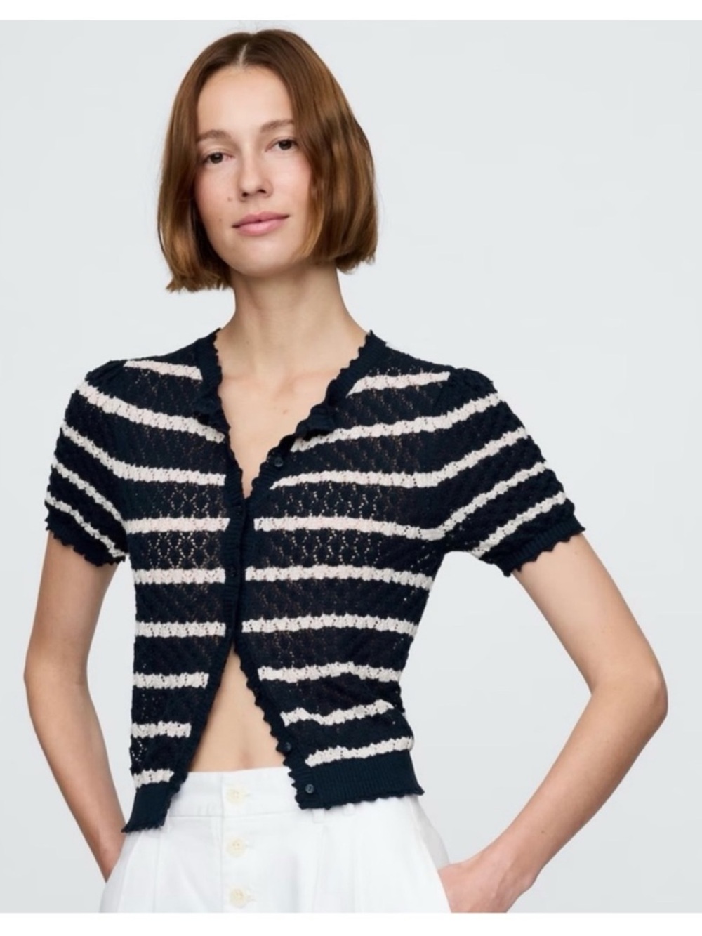 GAP x Doen Striped Short-Sleeve Knit Cardigan in Navy & Cream